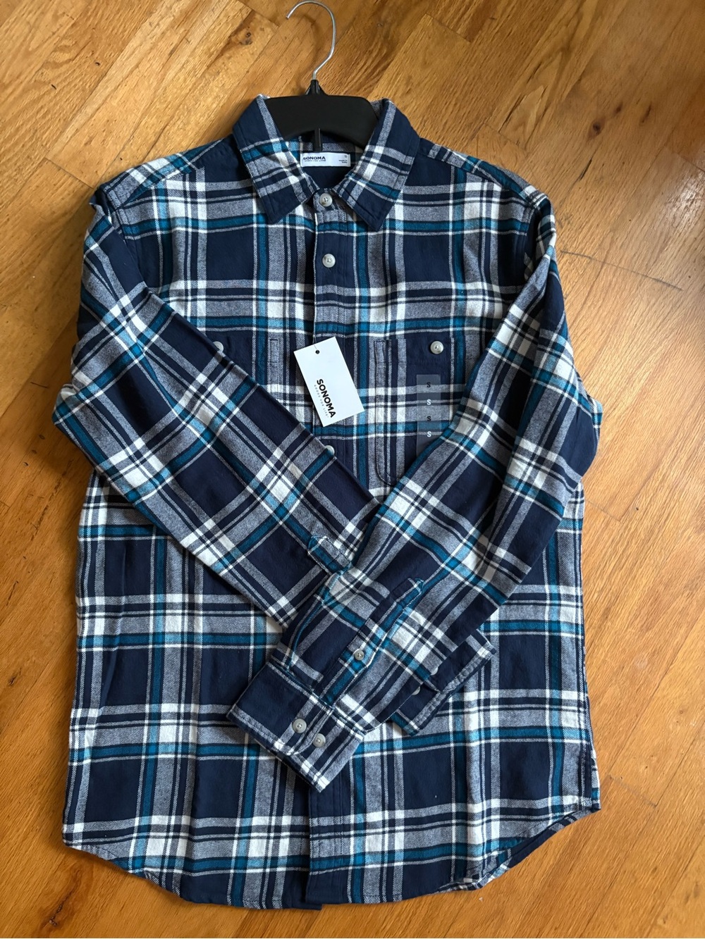 Sonoma Men's Navy and White Plaid Button-Down Shirt